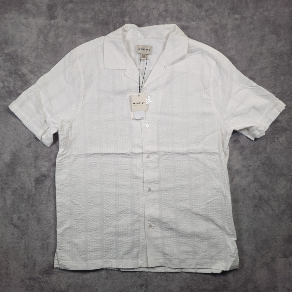 Industry Mens Medium Shirt White Textured Short Sleeve Button Front Casual NWT